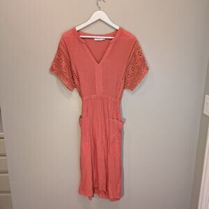 LUSH Coral Lace Midi Dress CottageCore BeachCore Brunch Spring Summer - Size M